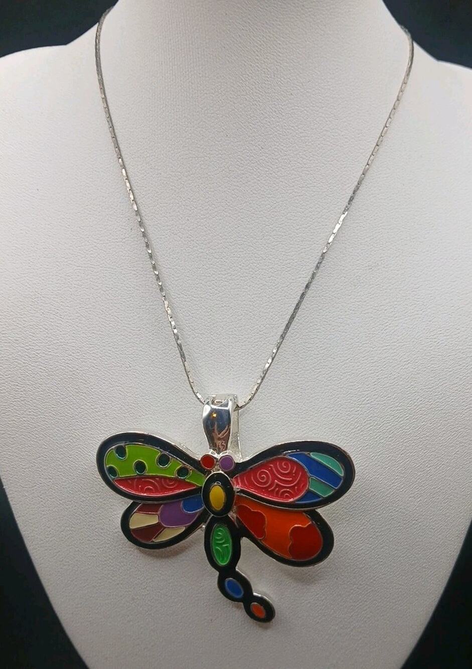 Roman Pop Art Enamel Dragonfly Necklace Silvertone